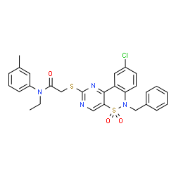 ChemSpider 2D Image | 2-[(6-Benzyl-9-chloro-5,5-dioxido-6H-pyrimido[5,4-c][2,1]benzothiazin-2-yl)sulfanyl]-N-ethyl-N-(3-methylphenyl)acetamide | C28H25ClN4O3S2