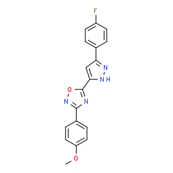 ChemSpider 2D Image | 5-[3-(4-Fluorophenyl)-1H-pyrazol-5-yl]-3-(4-methoxyphenyl)-1,2,4-oxadiazole | C18H13FN4O2