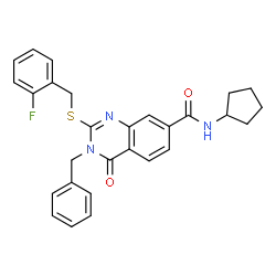 ChemSpider 2D Image | 3-Benzyl-N-cyclopentyl-2-[(2-fluorobenzyl)sulfanyl]-4-oxo-3,4-dihydro-7-quinazolinecarboxamide | C28H26FN3O2S