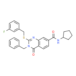 ChemSpider 2D Image | 3-Benzyl-N-cyclopentyl-2-[(3-fluorobenzyl)sulfanyl]-4-oxo-3,4-dihydro-7-quinazolinecarboxamide | C28H26FN3O2S