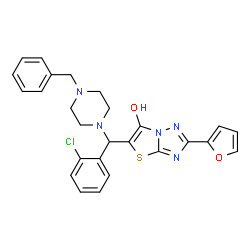 ChemSpider 2D Image | 5-[(4-Benzyl-1-piperazinyl)(2-chlorophenyl)methyl]-2-(2-furyl)[1,3]thiazolo[3,2-b][1,2,4]triazol-6-ol | C26H24ClN5O2S