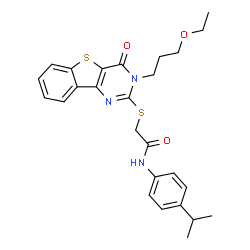 ChemSpider 2D Image | 2-{[3-(3-Ethoxypropyl)-4-oxo-3,4-dihydro[1]benzothieno[3,2-d]pyrimidin-2-yl]sulfanyl}-N-(4-isopropylphenyl)acetamide | C26H29N3O3S2