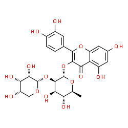 ChemSpider 2D Image | 2-(3,4-Dihydroxyphenyl)-5,7-dihydroxy-4-oxo-4H-chromen-3-yl 6-deoxy-2-O-alpha-L-ribopyranosyl-alpha-L-mannopyranoside | C26H28O15