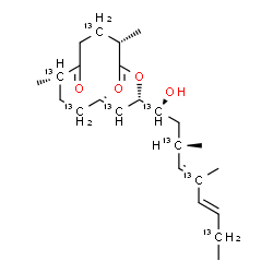 ChemSpider 2D Image | (3S,7S,10E,12S)-12-[(1R,3S,4E,6E)-1-Hydroxy-3,5-dimethyl(1,3,5,8-~13~C_4_)-4,6-nonadien-1-yl]-3,7-dimethyl(4,7,9,11-~13~C_4_)oxacyclododec-10-ene-2,6-dione | C1613C8H38O4