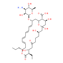 ChemSpider 2D Image | (1R,3R,9R,10R,13R,15E,17E,19E,21E,23R,26R,27S)-23-[(3-Amino-3,6-dideoxy-beta-D-mannopyranosyl)oxy]-10-ethyl-1,3,9,27-tetrahydroxy-7,11-dioxo-13-propyl-12,29-dioxabicyclo[23.3.1]nonacosa-15,17,19,21-te
traene-26-carboxylic acid | C39H61NO14