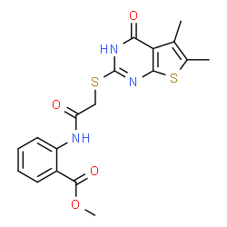ChemSpider 2D Image | Methyl 2-({[(5,6-dimethyl-4-oxo-3,4-dihydrothieno[2,3-d]pyrimidin-2-yl)sulfanyl]acetyl}amino)benzoate | C18H17N3O4S2