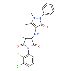 ChemSpider 2D Image | 3-Chloro-1-(2,3-dichlorophenyl)-4-[(1,5-dimethyl-3-oxo-2-phenyl-2,3-dihydro-1H-pyrazol-4-yl)amino]-1H-pyrrole-2,5-dione | C21H15Cl3N4O3
