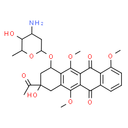 ChemSpider 2D Image | 3-Acetyl-3-hydroxy-5,10,12-trimethoxy-6,11-dioxo-1,2,3,4,6,11-hexahydro-1-tetracenyl 3-amino-2,3,6-trideoxyhexopyranoside | C29H33NO10