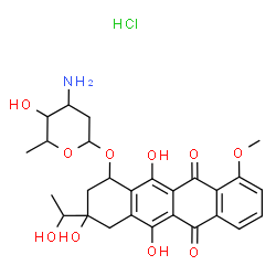 ChemSpider 2D Image | 3,5,12-Trihydroxy-3-(1-hydroxyethyl)-10-methoxy-6,11-dioxo-1,2,3,4,6,11-hexahydro-1-tetracenyl 3-amino-2,3,6-trideoxyhexopyranoside hydrochloride (1:1) | C27H32ClNO10