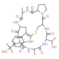 ChemSpider 2D Image | 34-(1-Hydroxyethyl)-28-(2-hydroxy-2-methylpropyl)-23,31-dimethyl-12-thia-10,16,22,25,27,30,33,36-octaazapentacyclo[12.11.11.0~3,11~.0~4,9~.0~16,20~]hexatriaconta-3(11),4,6,8-tetraene-15,21,24,26,29,32
,35-heptone | C35H48N8O9S