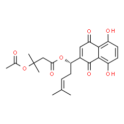 ChemSpider 2D Image | (1S)-1-(5,8-Dihydroxy-1,4-dioxo-1,4-dihydro-2-naphthalenyl)-4-methyl-3-penten-1-yl 3-acetoxy-3-methylbutanoate | C23H26O8