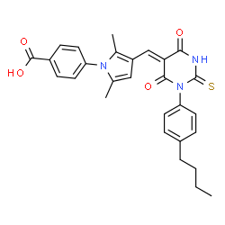 ChemSpider 2D Image | 4-(3-{(Z)-[1-(4-Butylphenyl)-4,6-dioxo-2-thioxotetrahydro-5(2H)-pyrimidinylidene]methyl}-2,5-dimethyl-1H-pyrrol-1-yl)benzoic acid | C28H27N3O4S