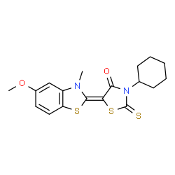 ChemSpider 2D Image | (5Z)-3-Cyclohexyl-5-(5-methoxy-3-methyl-1,3-benzothiazol-2(3H)-ylidene)-2-thioxo-1,3-thiazolidin-4-one | C18H20N2O2S3