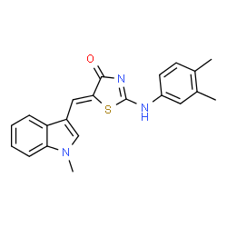 ChemSpider 2D Image | (5Z)-2-[(3,4-Dimethylphenyl)amino]-5-[(1-methyl-1H-indol-3-yl)methylene]-1,3-thiazol-4(5H)-one | C21H19N3OS