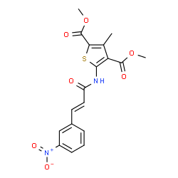 ChemSpider 2D Image | Dimethyl 3-methyl-5-{[(2E)-3-(3-nitrophenyl)-2-propenoyl]amino}-2,4-thiophenedicarboxylate | C18H16N2O7S