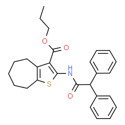 ChemSpider 2D Image | Propyl 2-[(diphenylacetyl)amino]-5,6,7,8-tetrahydro-4H-cyclohepta[b]thiophene-3-carboxylate | C27H29NO3S