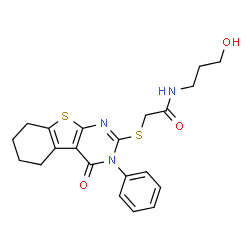 ChemSpider 2D Image | N-(3-Hydroxypropyl)-2-[(4-oxo-3-phenyl-3,4,5,6,7,8-hexahydro[1]benzothieno[2,3-d]pyrimidin-2-yl)sulfanyl]acetamide | C21H23N3O3S2