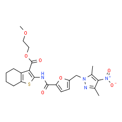 ChemSpider 2D Image | 2-Methoxyethyl 2-({5-[(3,5-dimethyl-4-nitro-1H-pyrazol-1-yl)methyl]-2-furoyl}amino)-4,5,6,7-tetrahydro-1-benzothiophene-3-carboxylate | C23H26N4O7S
