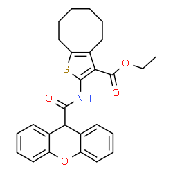 ChemSpider 2D Image | Ethyl 2-[(9H-xanthen-9-ylcarbonyl)amino]-4,5,6,7,8,9-hexahydrocycloocta[b]thiophene-3-carboxylate | C27H27NO4S