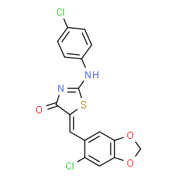 ChemSpider 2D Image | (5Z)-5-[(6-Chloro-1,3-benzodioxol-5-yl)methylene]-2-[(4-chlorophenyl)amino]-1,3-thiazol-4(5H)-one | C17H10Cl2N2O3S
