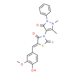 ChemSpider 2D Image | (5Z)-3-(1,5-Dimethyl-3-oxo-2-phenyl-2,3-dihydro-1H-pyrazol-4-yl)-5-(4-hydroxy-3-methoxybenzylidene)-2-thioxo-1,3-thiazolidin-4-one | C22H19N3O4S2