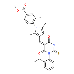 ChemSpider 2D Image | Methyl 4-(3-{(E)-[1-(2-ethylphenyl)-4,6-dioxo-2-thioxotetrahydro-5(2H)-pyrimidinylidene]methyl}-2,5-dimethyl-1H-pyrrol-1-yl)-3-methylbenzoate | C28H27N3O4S