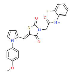 ChemSpider 2D Image | N-(2-Fluorophenyl)-2-[(5Z)-5-{[1-(4-methoxyphenyl)-1H-pyrrol-2-yl]methylene}-2,4-dioxo-1,3-thiazolidin-3-yl]acetamide | C23H18FN3O4S