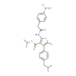 ChemSpider 2D Image | Isopropyl 4-(4-isobutylphenyl)-5-methyl-2-{[(4-nitrophenyl)acetyl]amino}-3-thiophenecarboxylate | C27H30N2O5S