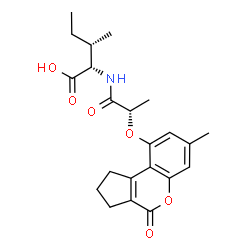 ChemSpider 2D Image | N-{(2S)-2-[(7-Methyl-4-oxo-1,2,3,4-tetrahydrocyclopenta[c]chromen-9-yl)oxy]propanoyl}-L-isoleucine | C22H27NO6