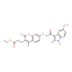 ChemSpider 2D Image | Ethyl 3-{7-[2-(5-methoxy-1,2-dimethyl-1H-indol-3-yl)-2-oxoethoxy]-4-methyl-2-oxo-2H-chromen-3-yl}propanoate | C28H29NO7