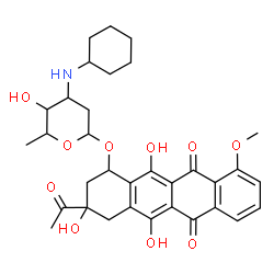 ChemSpider 2D Image | 3-Acetyl-3,5,12-trihydroxy-10-methoxy-6,11-dioxo-1,2,3,4,6,11-hexahydro-1-tetracenyl 3-(cyclohexylamino)-2,3,6-trideoxyhexopyranoside | C33H39NO10