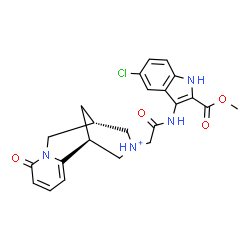 ChemSpider 2D Image | (1S,9S)-11-(2-{[5-Chloro-2-(methoxycarbonyl)-1H-indol-3-yl]amino}-2-oxoethyl)-6-oxo-7-aza-11-azoniatricyclo[7.3.1.0~2,7~]trideca-2,4-diene | C23H24ClN4O4
