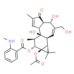 ChemSpider 2D Image | (1aR,1bS,4S,4aR,7aR,7bR,8R,9R,9aS)-9a-Acetoxy-4,7b-dihydroxy-3-(hydroxymethyl)-1,1,6,8-tetramethyl-5-oxo-1a,1b,4,4a,5,7a,7b,8,9,9a-decahydro-1H-cyclopropa[3,4]benzo[1,2-e]azulen-9-yl 2-(methylamino)be
nzoate | C30H37NO8