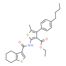 ChemSpider 2D Image | Ethyl 4-(4-butylphenyl)-5-methyl-2-[(4,5,6,7-tetrahydro-1-benzothiophen-3-ylcarbonyl)amino]-3-thiophenecarboxylate | C27H31NO3S2