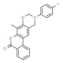 ChemSpider 2D Image | 10-(4-Fluorophenyl)-7-methyl-10,11-dihydro-5H,9H-benzo[3,4]chromeno[6,7-e][1,3]oxazin-5-one | C22H16FNO3
