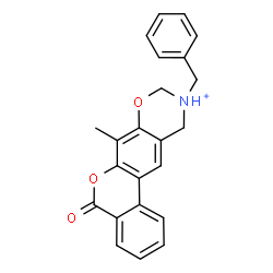 ChemSpider 2D Image | 10-Benzyl-7-methyl-5-oxo-10,11-dihydro-5H,9H-benzo[3,4]chromeno[6,7-e][1,3]oxazin-10-ium | C23H20NO3