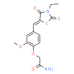 ChemSpider 2D Image | 2-{4-[(Z)-(3-Ethyl-4-oxo-2-thioxo-1,3-thiazolidin-5-ylidene)methyl]-2-methoxyphenoxy}acetamide | C15H16N2O4S2