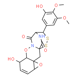 ChemSpider 2D Image | 8-Hydroxy-14-(3-hydroxy-4,5-dimethoxyphenyl)-4,10-dioxa-15,16-dithia-11,18-diazapentacyclo[11.3.2.0~1,11~.0~3,5~.0~3,9~]octadec-6-ene-12,17-dione | C20H20N2O8S2