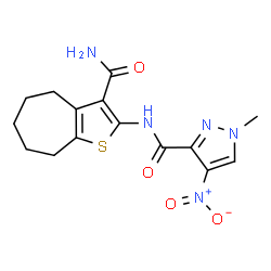 ChemSpider 2D Image | N-(3-Carbamoyl-5,6,7,8-tetrahydro-4H-cyclohepta[b]thiophen-2-yl)-1-methyl-4-nitro-1H-pyrazole-3-carboxamide | C15H17N5O4S