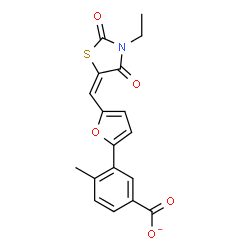 ChemSpider 2D Image | 3-{5-[(E)-(3-Ethyl-2,4-dioxo-1,3-thiazolidin-5-ylidene)methyl]-2-furyl}-4-methylbenzoate | C18H14NO5S