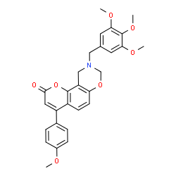 ChemSpider 2D Image | 4-(4-Methoxyphenyl)-9-(3,4,5-trimethoxybenzyl)-9,10-dihydro-2H,8H-chromeno[8,7-e][1,3]oxazin-2-one | C28H27NO7