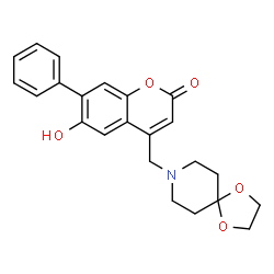 ChemSpider 2D Image | 4-(1,4-Dioxa-8-azaspiro[4.5]dec-8-ylmethyl)-6-hydroxy-7-phenyl-2H-chromen-2-one | C23H23NO5