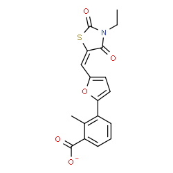 ChemSpider 2D Image | 3-{5-[(E)-(3-Ethyl-2,4-dioxo-1,3-thiazolidin-5-ylidene)methyl]-2-furyl}-2-methylbenzoate | C18H14NO5S