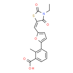 ChemSpider 2D Image | 3-{5-[(E)-(3-Ethyl-2,4-dioxo-1,3-thiazolidin-5-ylidene)methyl]-2-furyl}-2-methylbenzoic acid | C18H15NO5S