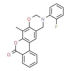 ChemSpider 2D Image | 10-(2-Fluorophenyl)-7-methyl-10,11-dihydro-5H,9H-benzo[3,4]chromeno[6,7-e][1,3]oxazin-5-one | C22H16FNO3