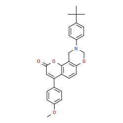 ChemSpider 2D Image | 4-(4-Methoxyphenyl)-9-[4-(2-methyl-2-propanyl)phenyl]-9,10-dihydro-2H,8H-chromeno[8,7-e][1,3]oxazin-2-one | C28H27NO4