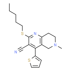 ChemSpider 2D Image | 6-Methyl-2-(pentylsulfanyl)-4-(2-thienyl)-5,6,7,8-tetrahydro-1,6-naphthyridine-3-carbonitrile | C19H23N3S2