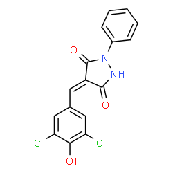 ChemSpider 2D Image | (4E)-4-(3,5-Dichloro-4-hydroxybenzylidene)-1-phenyl-3,5-pyrazolidinedione | C16H10Cl2N2O3