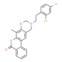 ChemSpider 2D Image | 10-[2-(2,4-Dichlorophenyl)ethyl]-7-methyl-10,11-dihydro-5H,9H-benzo[3,4]chromeno[6,7-e][1,3]oxazin-5-one | C24H19Cl2NO3