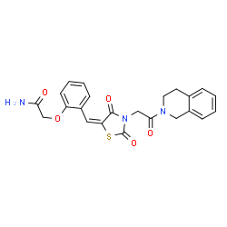 ChemSpider 2D Image | 2-{2-[(E)-{3-[2-(3,4-Dihydro-2(1H)-isoquinolinyl)-2-oxoethyl]-2,4-dioxo-1,3-thiazolidin-5-ylidene}methyl]phenoxy}acetamide | C23H21N3O5S
